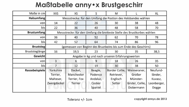 Masstabelle Brustgeschirr Annyx Fun