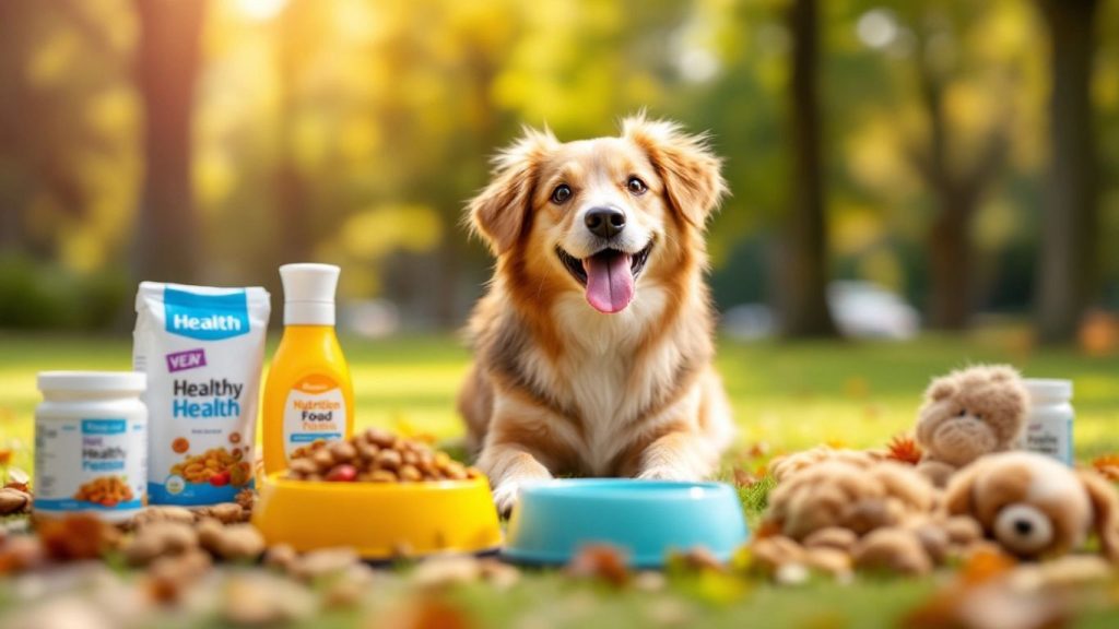 Hund spielt im Park mit Gesundheitsprodukten.