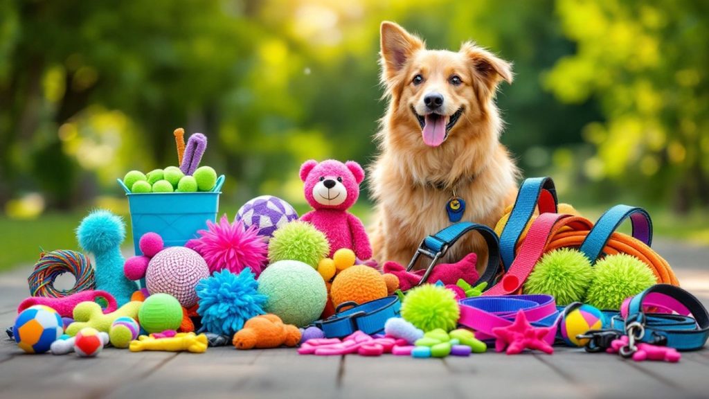 Bunte Hundespielzeuge und Leinen auf einem Tisch.