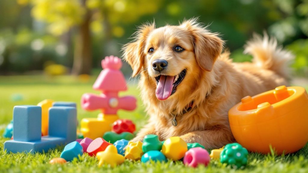 Ein Hund spielt fröhlich mit buntem Spielzeug.