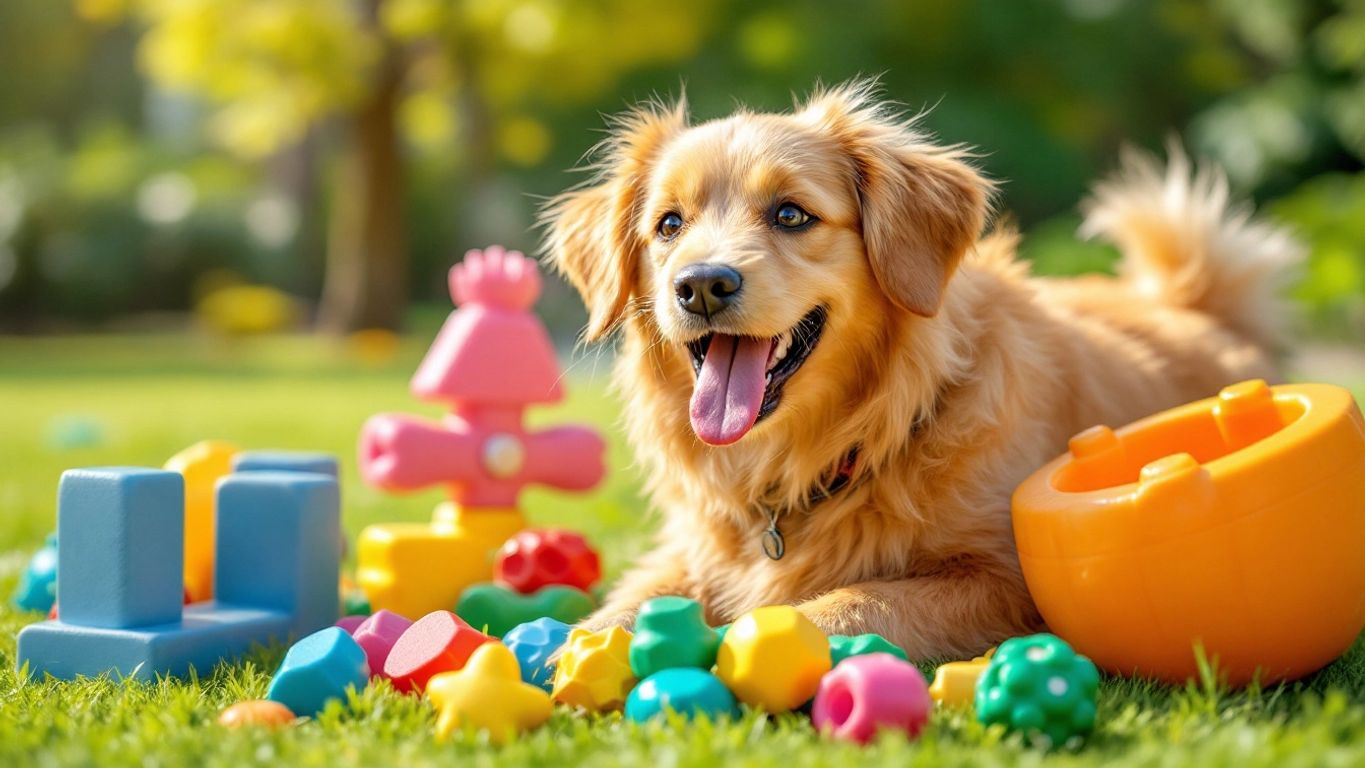 Ein Hund spielt fröhlich mit buntem Spielzeug.