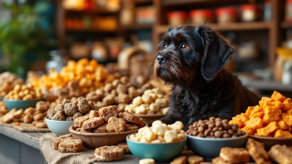 Gesunde Snacks für Hunde in einem Tiergeschäft.