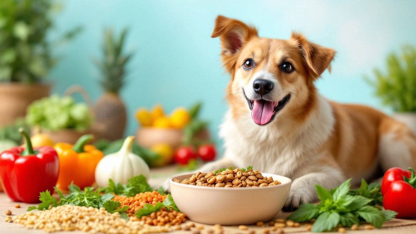 Gesunder Hund mit Schüssel voller Nahrung und Gemüse.