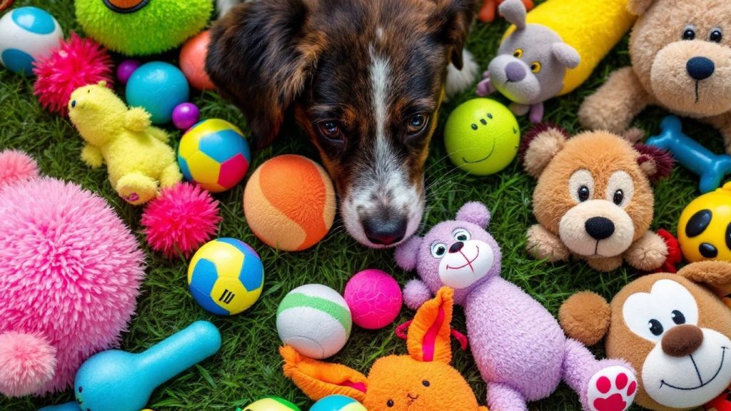 Verschiedene Hundespielzeuge auf einer grünen Wiese.