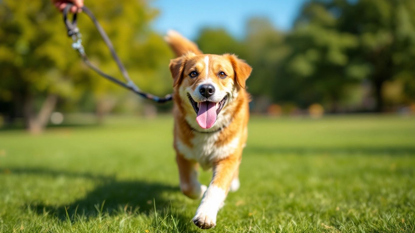 Ein glücklicher Hund beim Gassi gehen im Park.