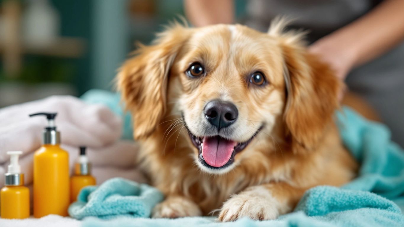 Ein Hund mit glänzendem Fell in einer Wellnessumgebung.