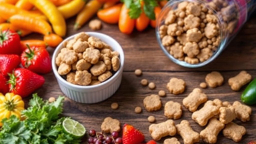 Gesunde Snacks für Hunde auf einem Holztisch.