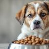 Hund mit traurigem Blick neben Futterschüssel.