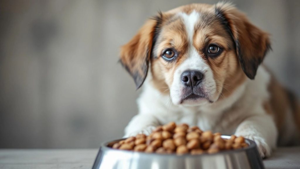 Hund mit traurigem Blick neben Futterschüssel.