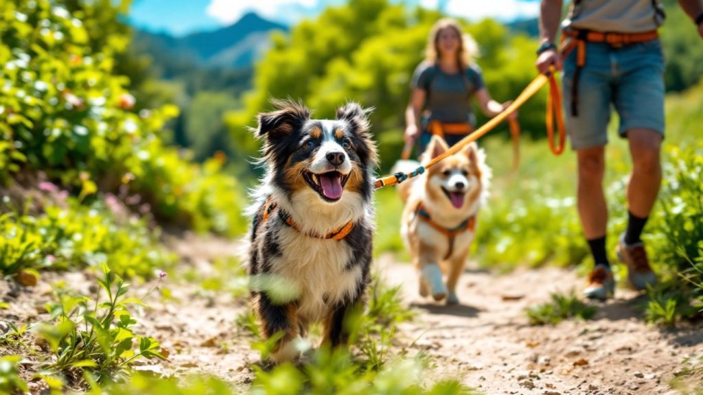 Aktive Hunde mit robuster Leine in der Natur.