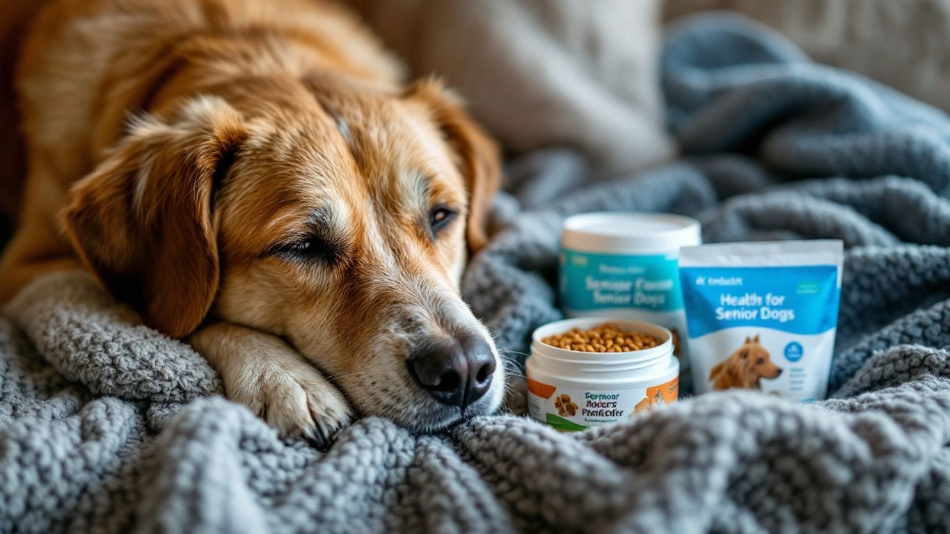 Älterer Hund auf einer Decke mit Gesundheitsprodukten.