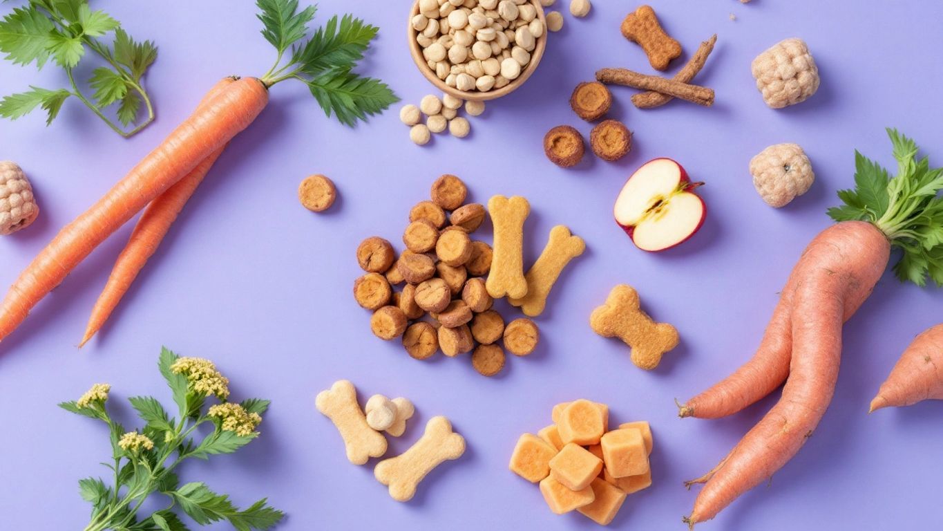 Gesunde Snacks für Hunde in verschiedenen Formen und Farben.