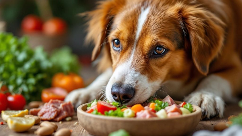 Gesunder Hund frisst frisches Essen mit Gemüse und Fleisch.