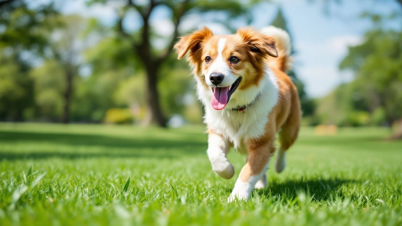 Ein Hund läuft im Park und spielt mit einem Ball.