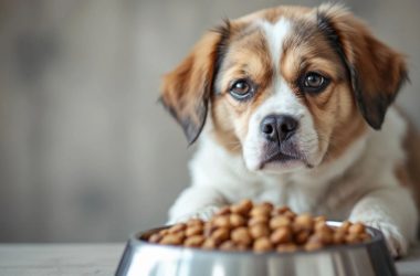 Hund mit traurigem Blick neben Futterschüssel.