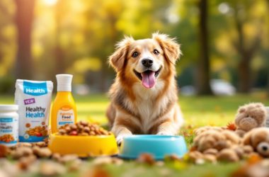 Hund spielt im Park mit Gesundheitsprodukten.