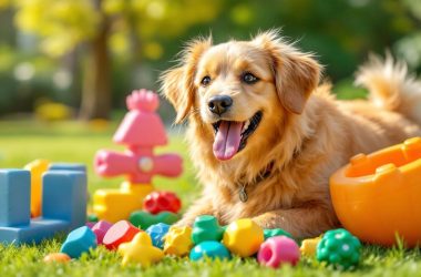 Ein Hund spielt fröhlich mit buntem Spielzeug.