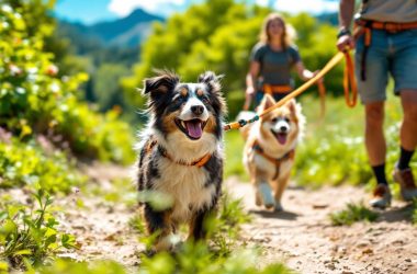 Aktive Hunde mit robuster Leine in der Natur.