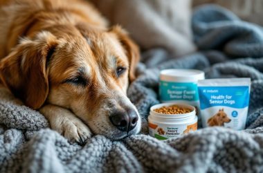 Älterer Hund auf einer Decke mit Gesundheitsprodukten.