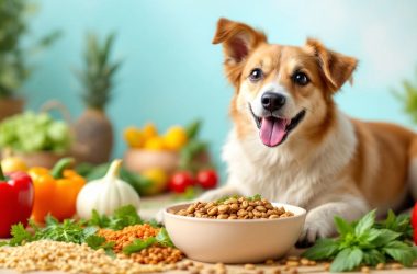 Gesunder Hund mit Schüssel voller Nahrung und Gemüse.