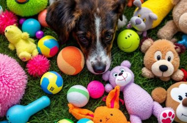 Verschiedene Hundespielzeuge auf einer grünen Wiese.