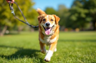 Ein glücklicher Hund beim Gassi gehen im Park.