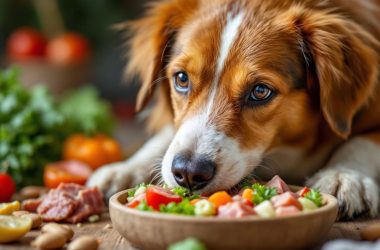 Gesunder Hund frisst frisches Essen mit Gemüse und Fleisch.