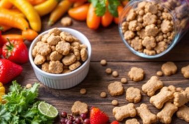 Gesunde Snacks für Hunde auf einem Holztisch.